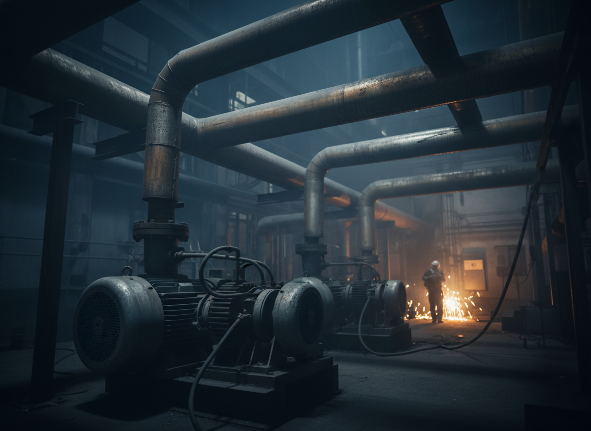 Close-up of large industrial steel pipework and pumps in a plant room