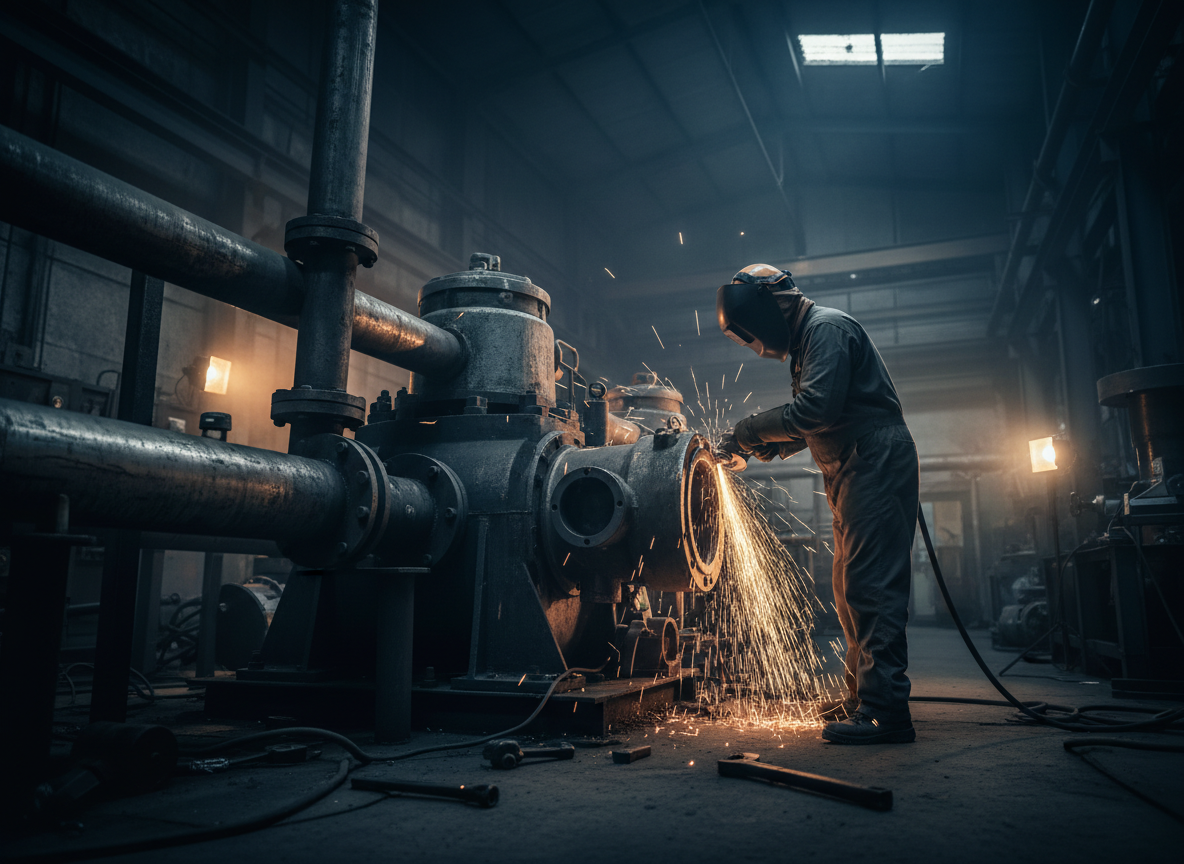 Mechanical fitter working on heavy industrial pipework and pumps in a dark workshop